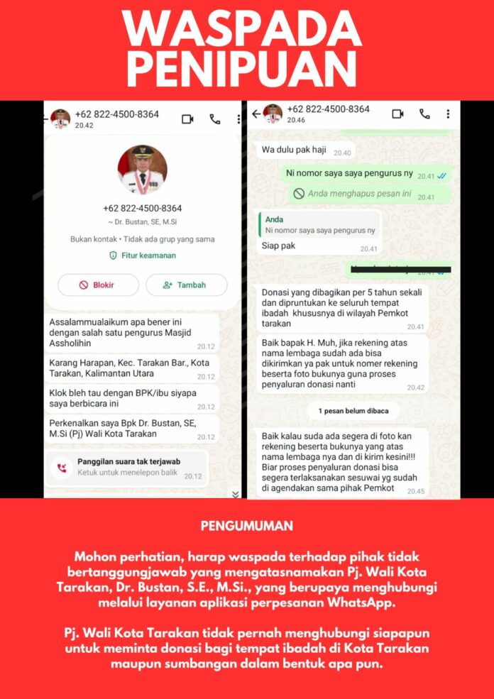 Nama Pj Wali Kota Tarakan Dicatut Penipu, Minta Donasi Lewat WA